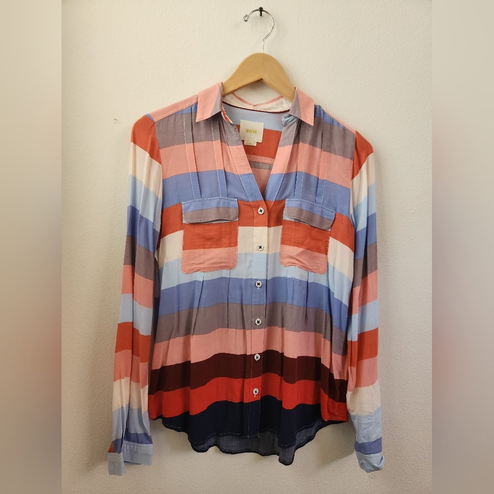 Anthropologie Maeve‎ Wynwood Button Down Striped Multicolor Shirt Blouse Size 4